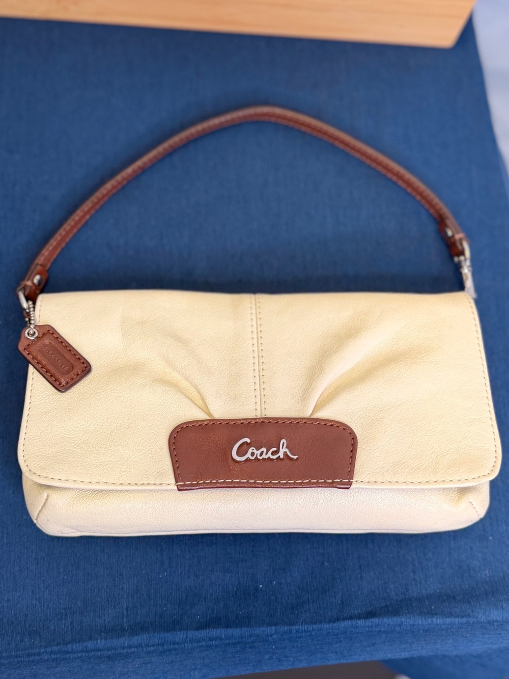 COACH Chalk Ivory Cream Brown Pleated Leather Baguette Demi Shoulder Bag - Picture 1 of 10